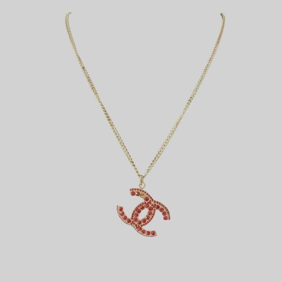 CHANEL Red Rhinestone CC Coco Mark Long Silver Necklace*05P stamped*VINTAGE - Picture 1 of 6